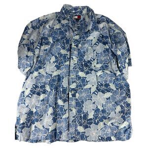 Vintage Tommy Hilfiger Hawaiian shirt mens XXL Blue SS Button Up Beachwear